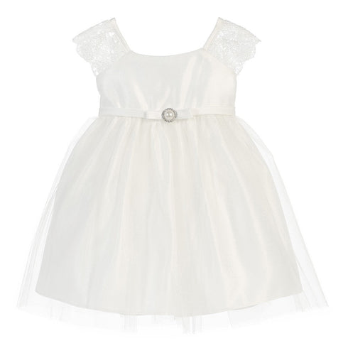 Sweet Kids Baby Girls White Satin Lace Pearl Brooch Flower Girl Dress 6-24M - SophiasStyle.com